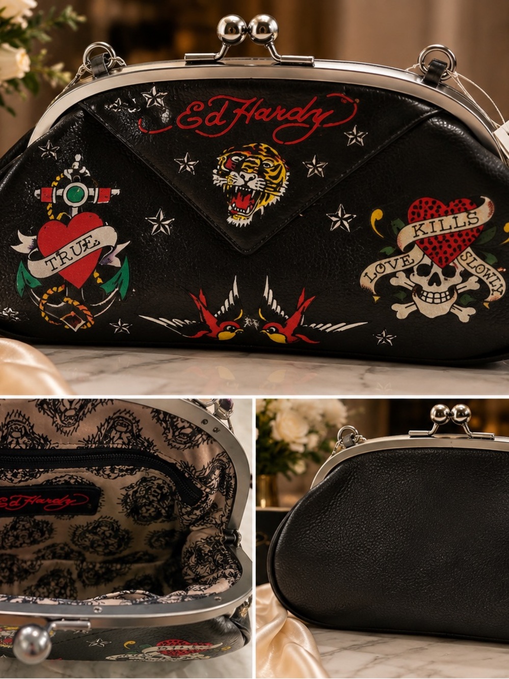 Ed Hardy Black Tattoo-Print Kiss-Lock Clutch with Multicolor Motifs